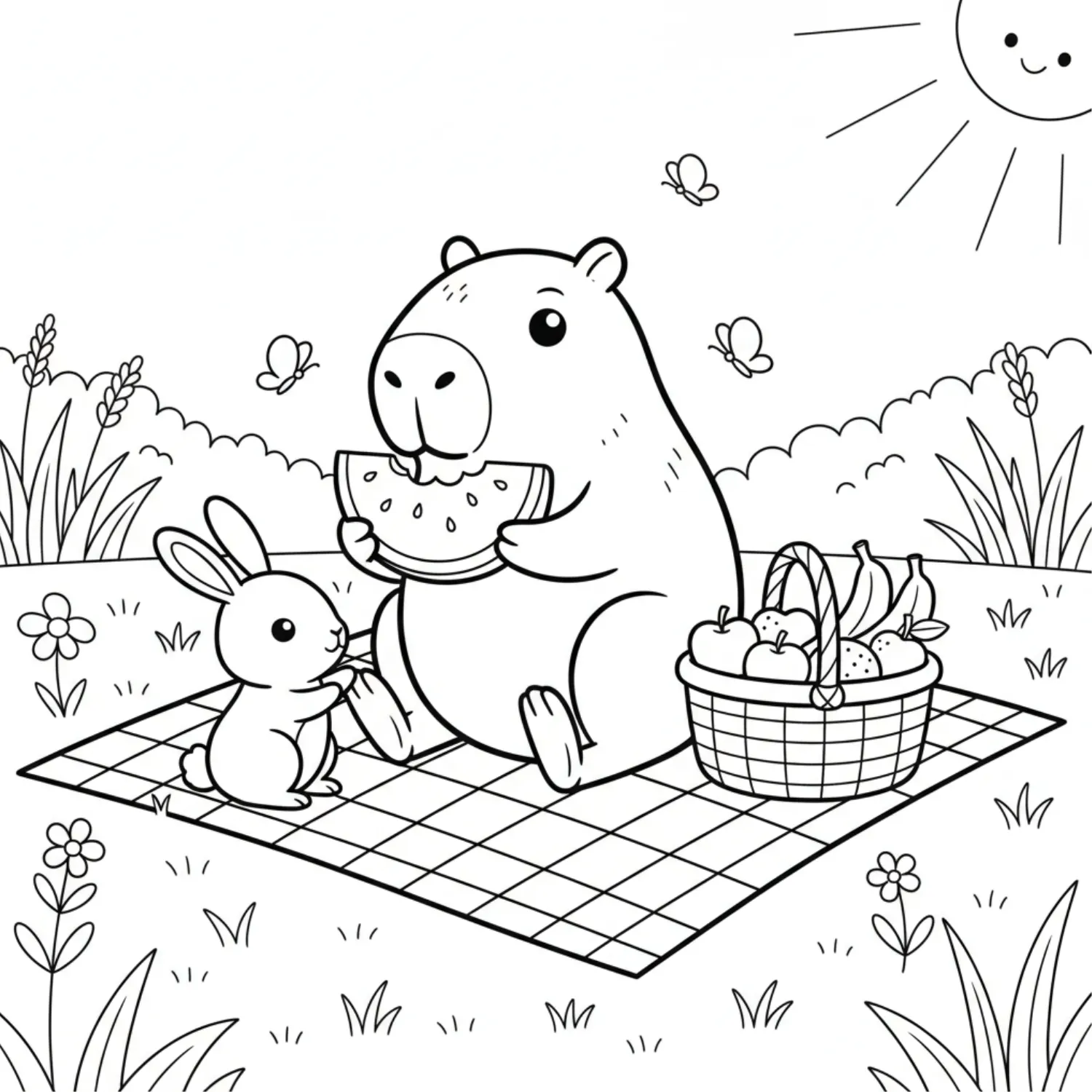 Capybara Eating Watermelon Picnic With Rabbit Friend coloring page