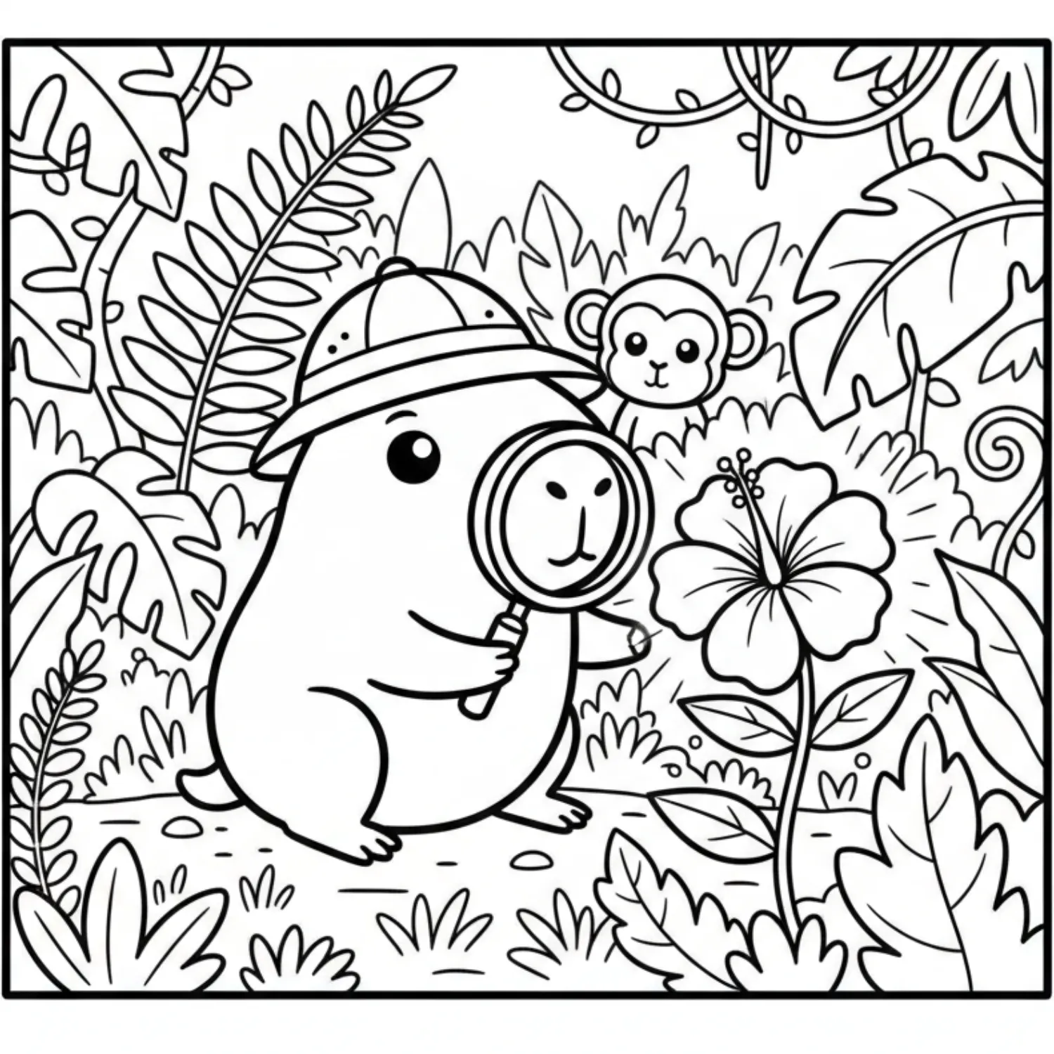 Explorer Capybara With Magnifying Glass And Monkey In The Jungle coloring page